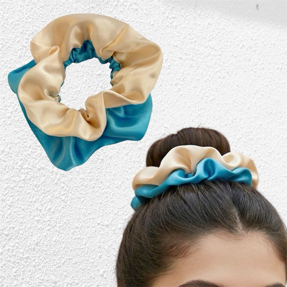 Luxury Blue/ champagne Satin Scrunchie Handmade – Statement Hair Accessory